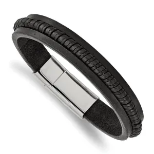 Chisel Jewelry Stainless Steel Polished Black Leather 8.25in Bracelet