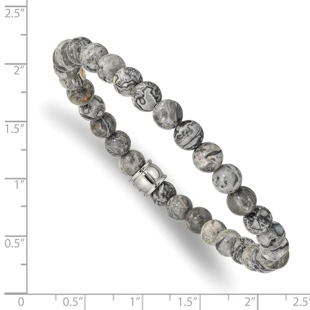 Chisel Jewelry Stainless Steel Polished Grey Jasper Stretch Bracelet