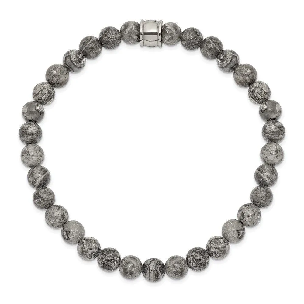 Chisel Jewelry Stainless Steel Polished Grey Jasper Stretch Bracelet