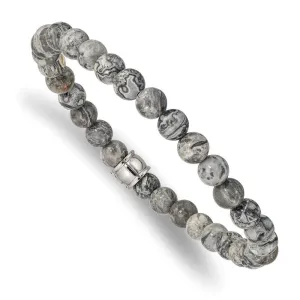 Chisel Jewelry Stainless Steel Polished Grey Jasper Stretch Bracelet