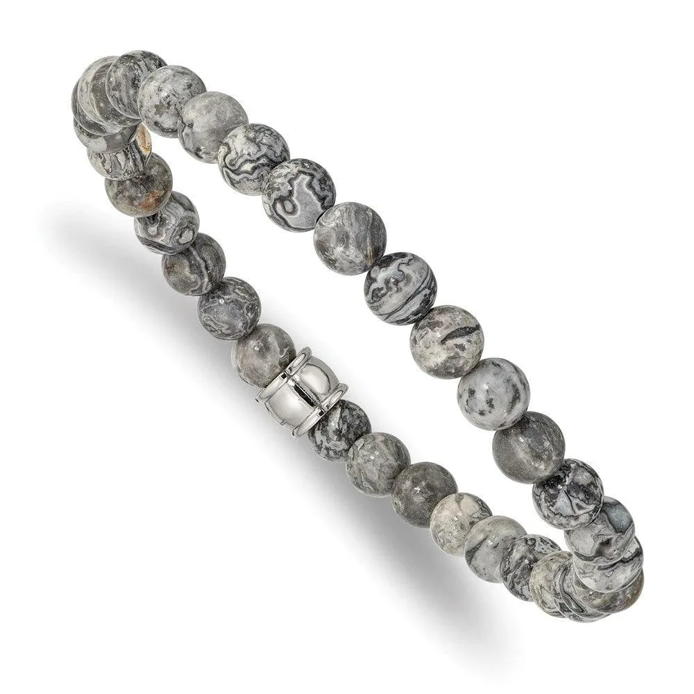 Chisel Jewelry Stainless Steel Polished Grey Jasper Stretch Bracelet