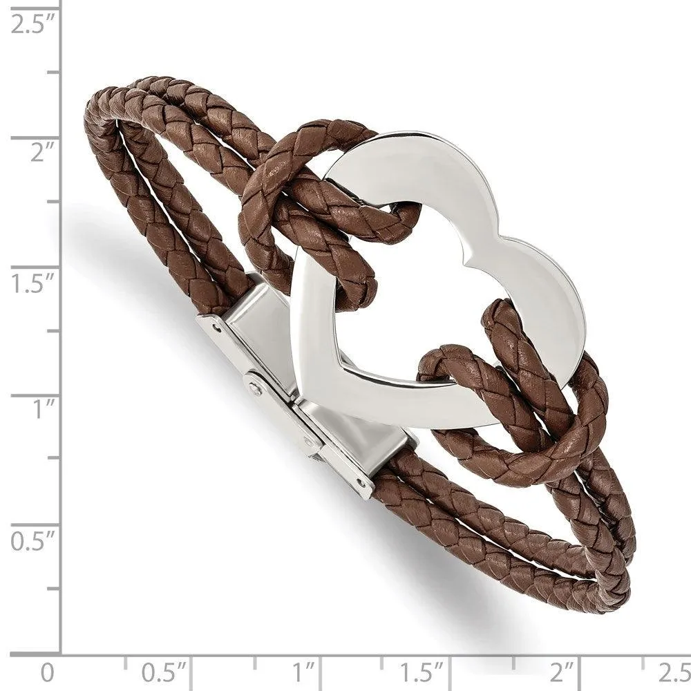 Chisel Jewelry Stainless Steel Polished Heart 7.5in Leather Bracelet