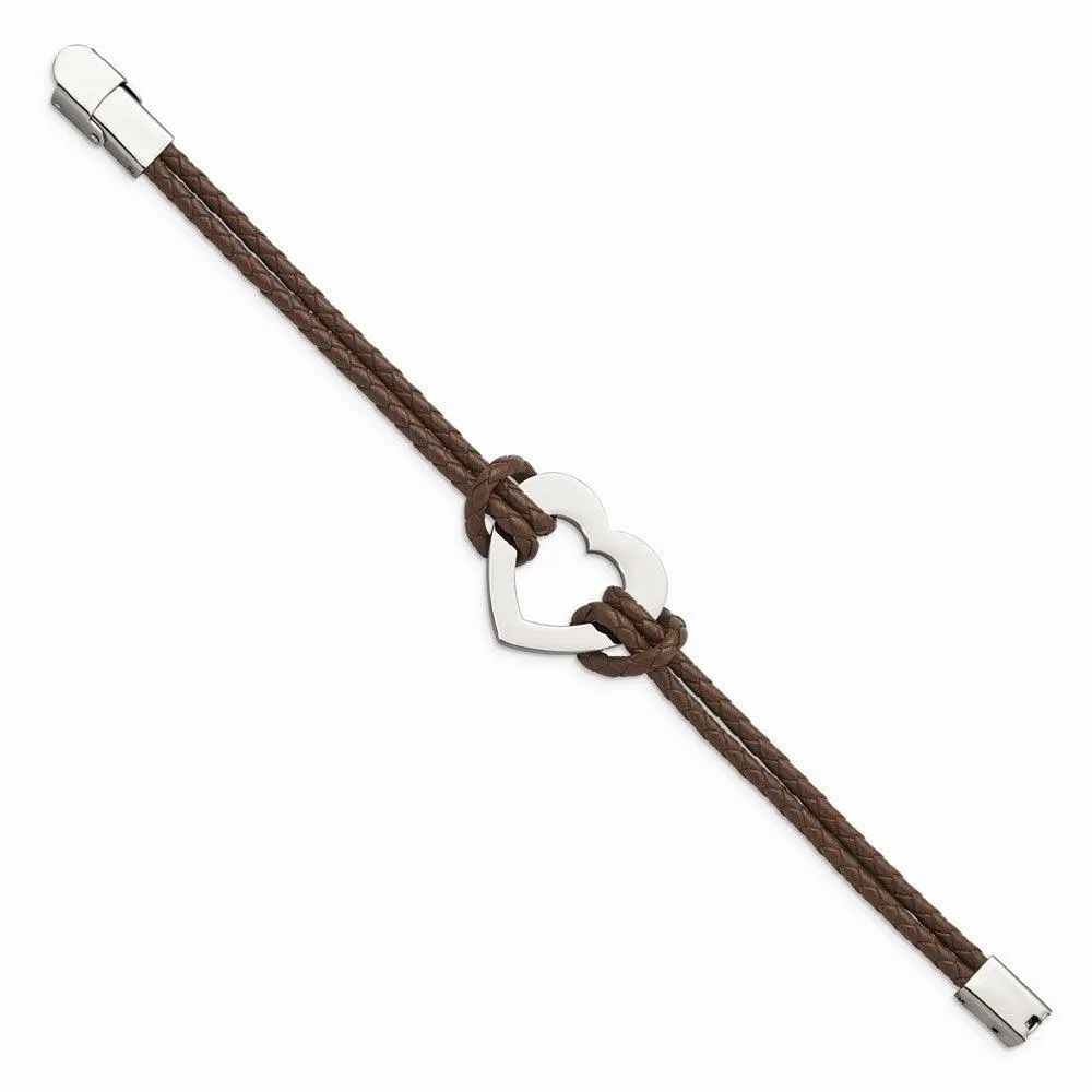 Chisel Jewelry Stainless Steel Polished Heart 7.5in Leather Bracelet