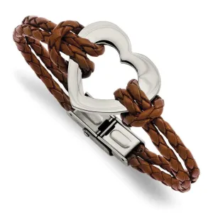 Chisel Jewelry Stainless Steel Polished Heart 7.5in Leather Bracelet
