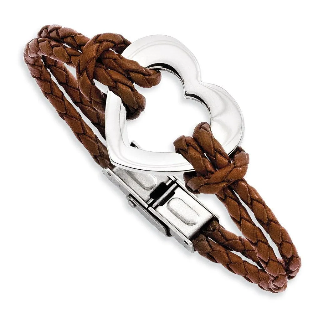 Chisel Jewelry Stainless Steel Polished Heart 7.5in Leather Bracelet