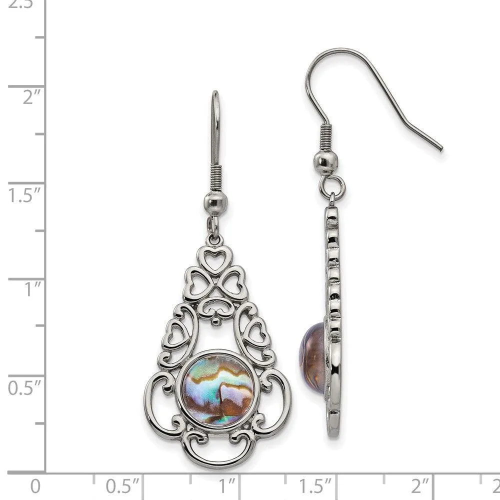 Chisel Jewelry Stainless Steel Polished Imi. Abalone & Glass Shepherd Hook Earrings