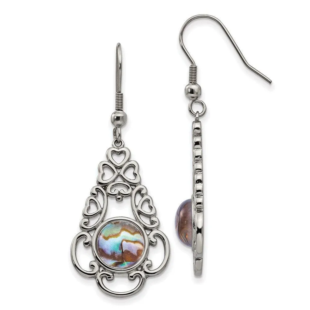 Chisel Jewelry Stainless Steel Polished Imi. Abalone & Glass Shepherd Hook Earrings