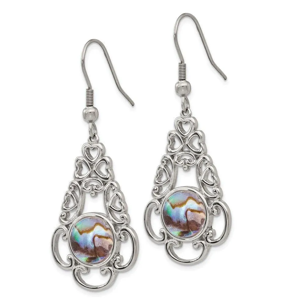 Chisel Jewelry Stainless Steel Polished Imi. Abalone & Glass Shepherd Hook Earrings