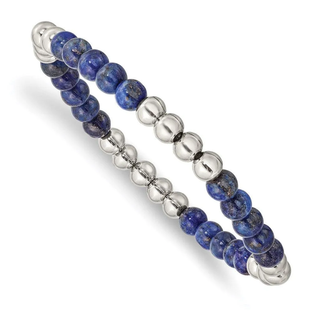 Chisel Jewelry Stainless Steel Polished Lapis Beaded Stretch Bracelet