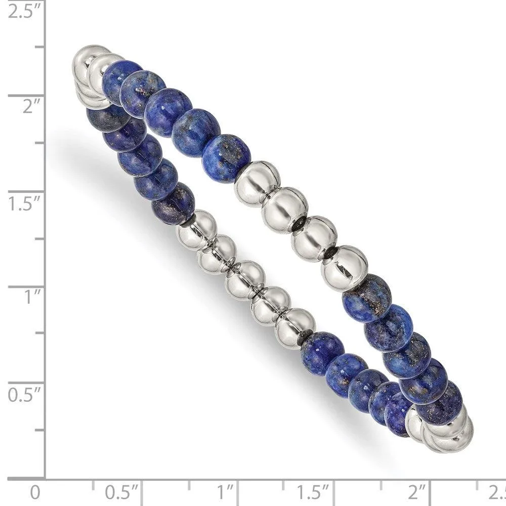 Chisel Jewelry Stainless Steel Polished Lapis Beaded Stretch Bracelet