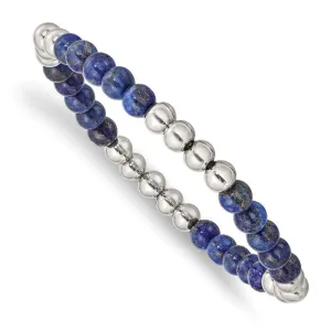 Chisel Jewelry Stainless Steel Polished Lapis Beaded Stretch Bracelet