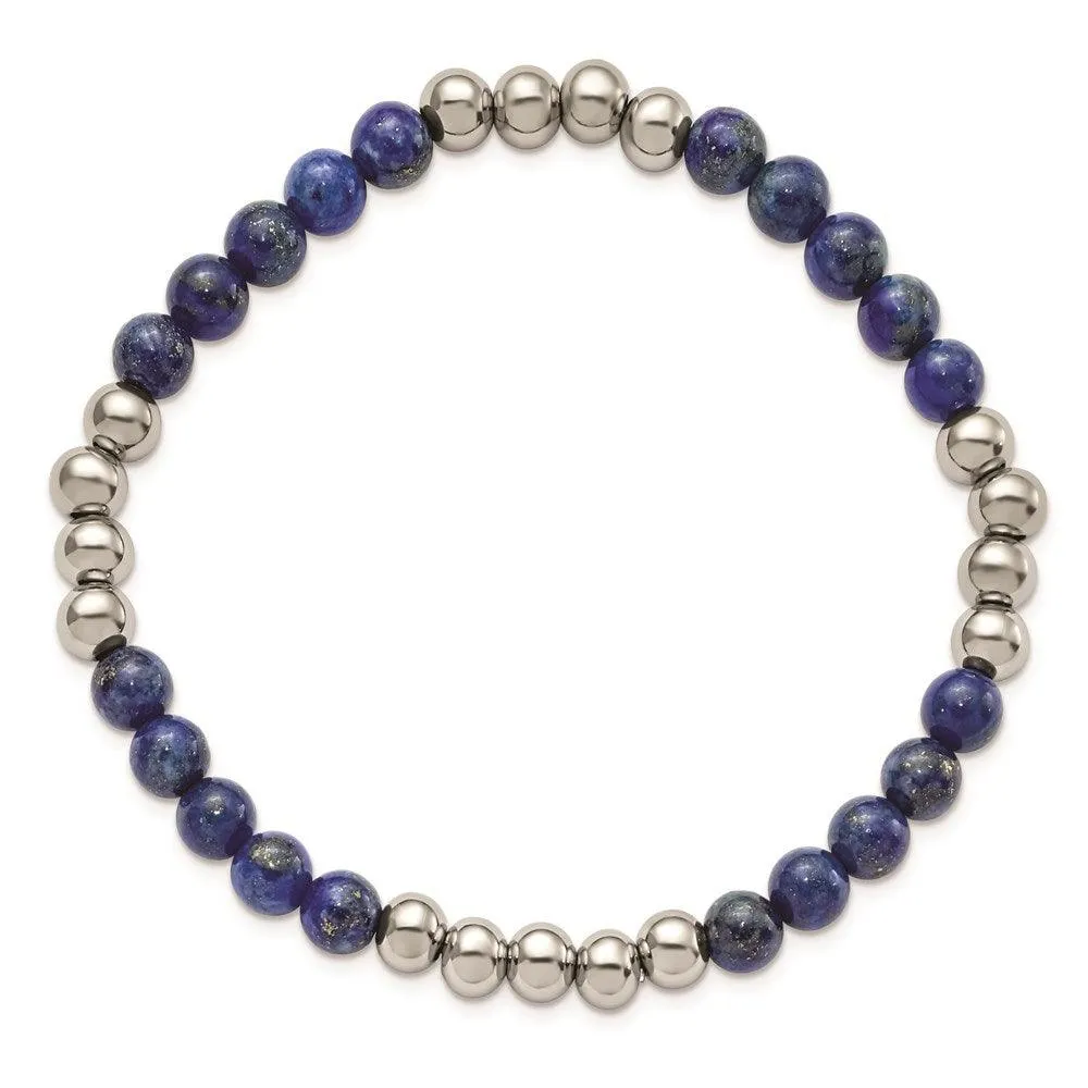 Chisel Jewelry Stainless Steel Polished Lapis Beaded Stretch Bracelet