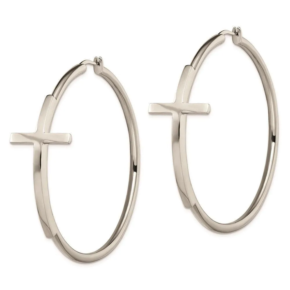 Chisel Jewelry Stainless Steel Polished Large Cross Hoop Earrings