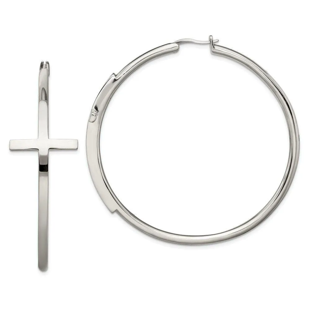 Chisel Jewelry Stainless Steel Polished Large Cross Hoop Earrings