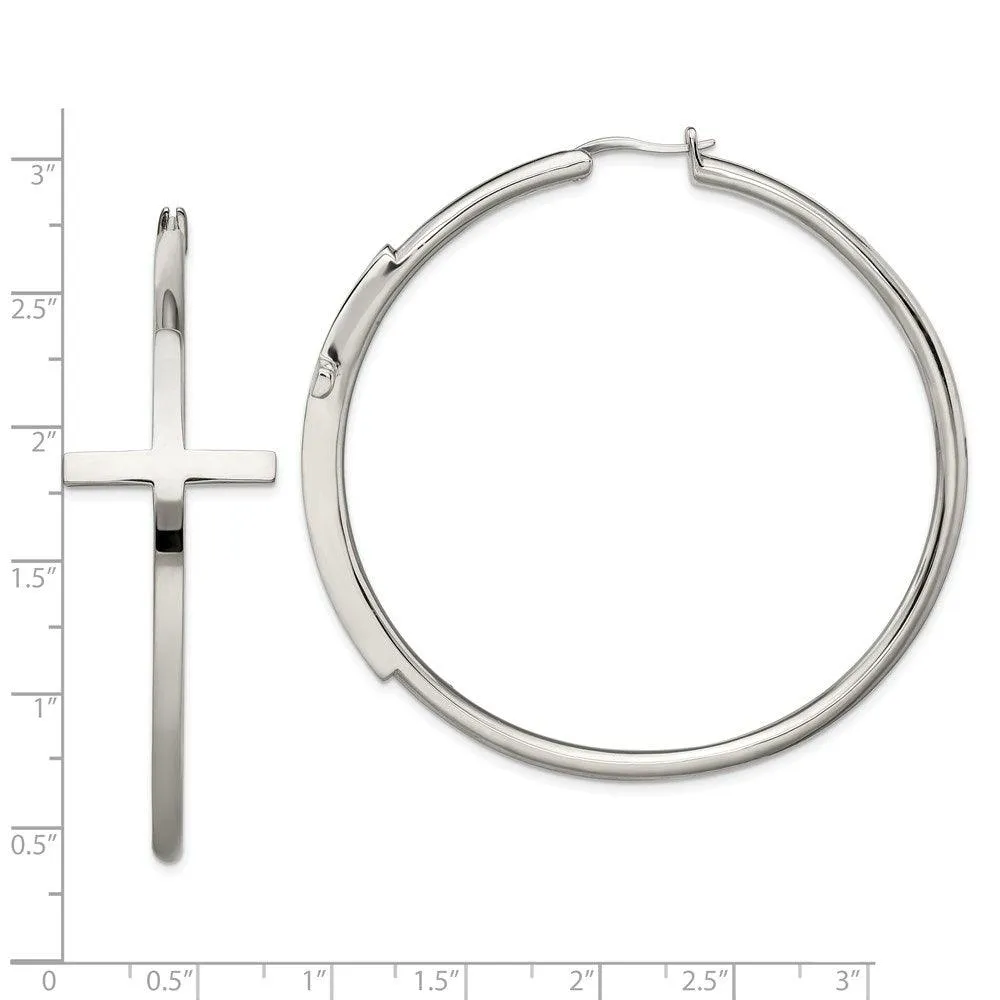 Chisel Jewelry Stainless Steel Polished Large Cross Hoop Earrings