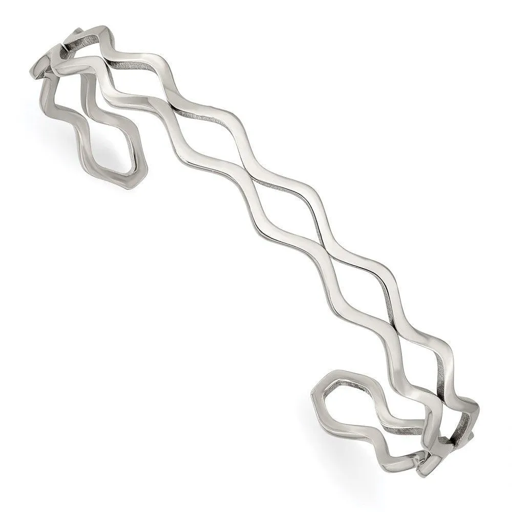 Chisel Jewelry Stainless Steel Polished Wavy Cuff Bangle