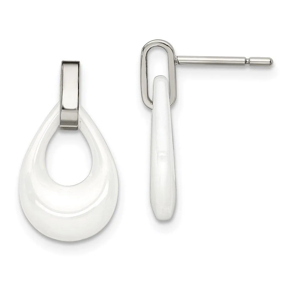 Chisel Jewelry Stainless Steel Polished White Ceramic Post Dangle Earrings