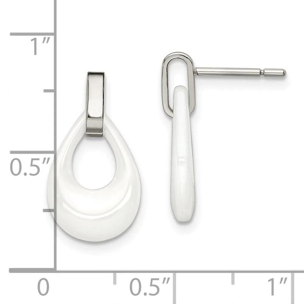 Chisel Jewelry Stainless Steel Polished White Ceramic Post Dangle Earrings