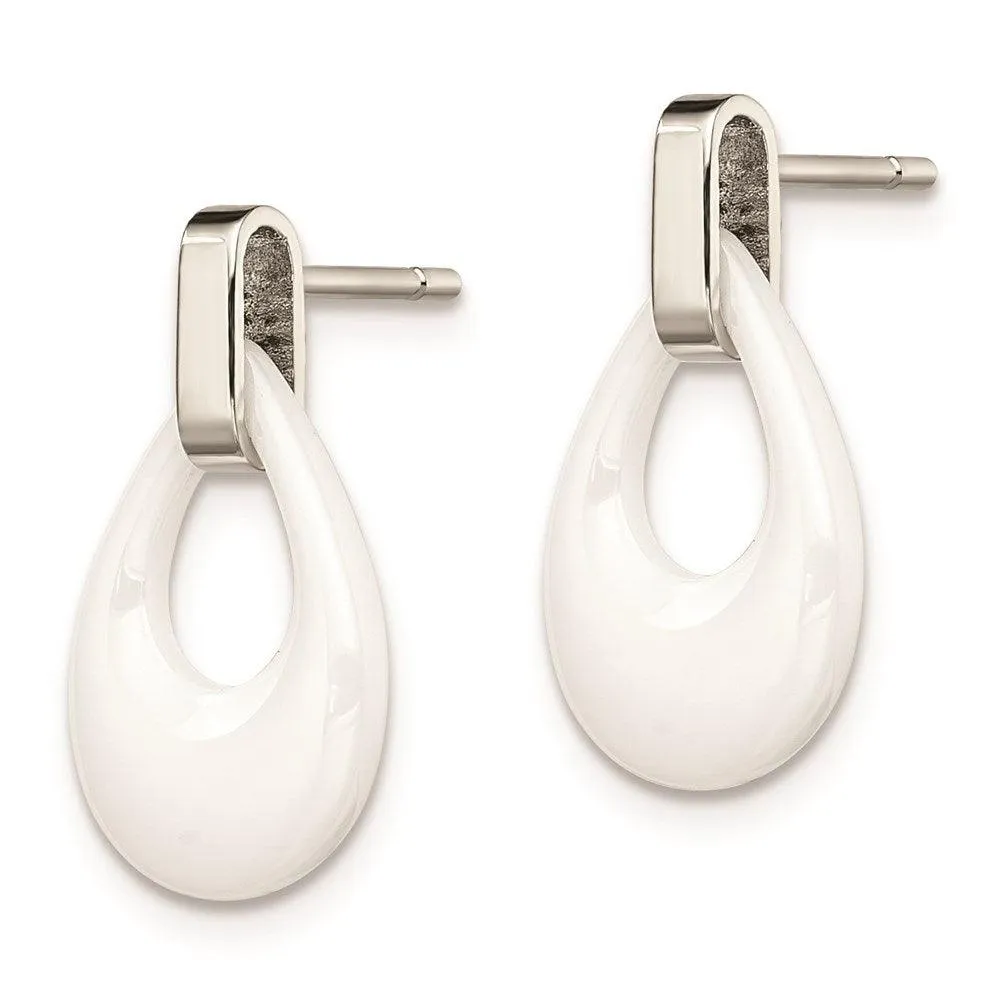Chisel Jewelry Stainless Steel Polished White Ceramic Post Dangle Earrings