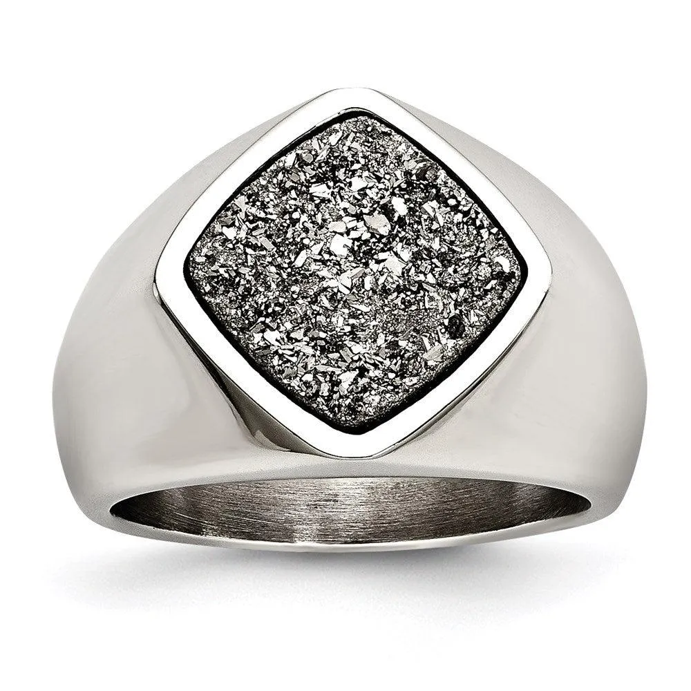 Chisel Jewelry Stainless Steel Polished with Silver Druzy Ring