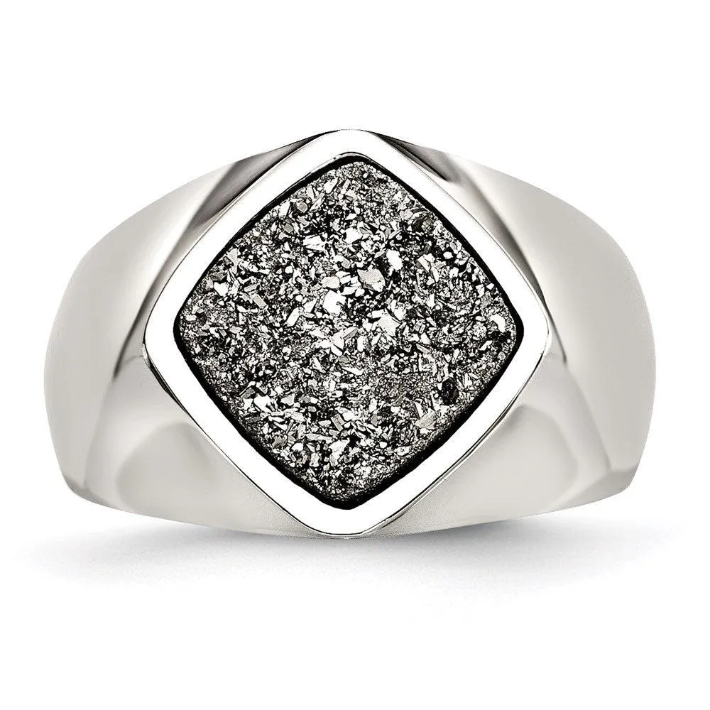 Chisel Jewelry Stainless Steel Polished with Silver Druzy Ring