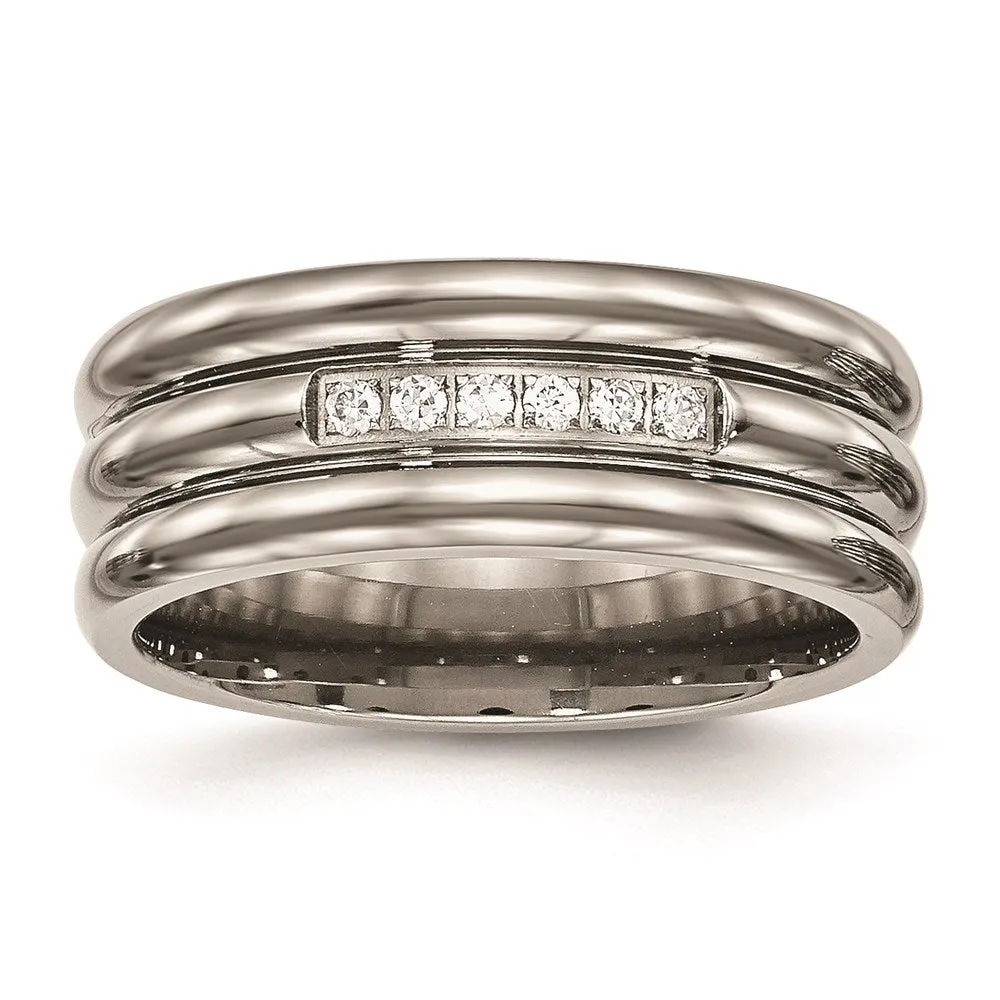 Chisel Jewelry Titanium Polished Grooved CZ Ring | TB481
