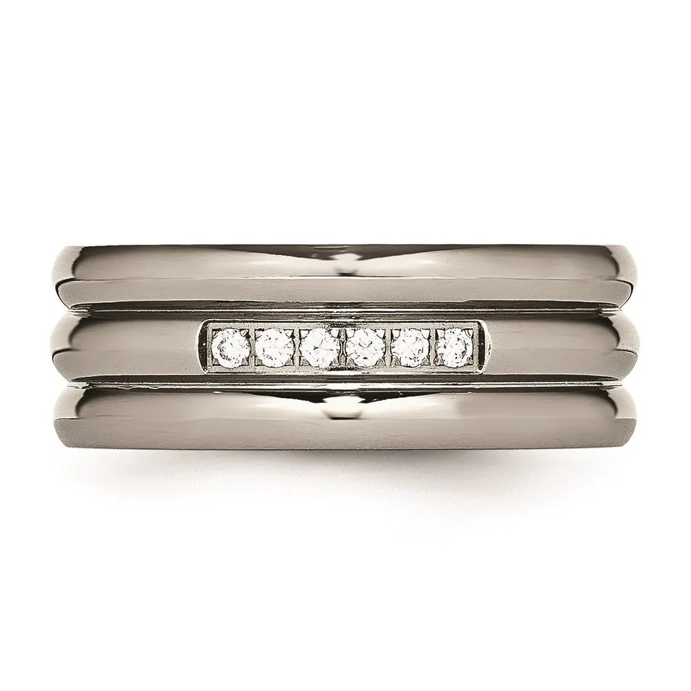Chisel Jewelry Titanium Polished Grooved CZ Ring | TB481