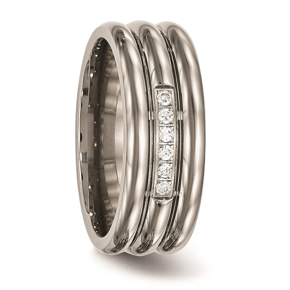Chisel Jewelry Titanium Polished Grooved CZ Ring | TB481