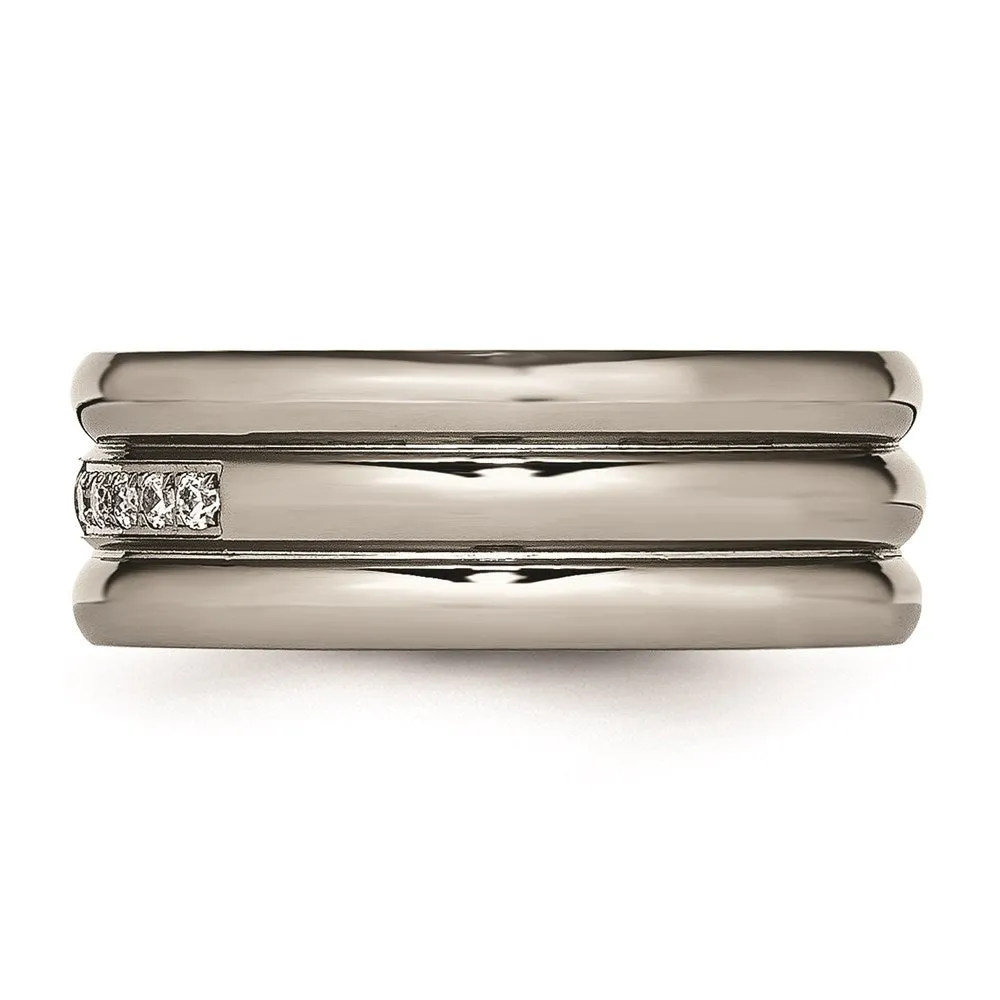 Chisel Jewelry Titanium Polished Grooved CZ Ring | TB481