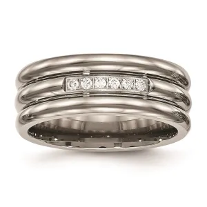 Chisel Jewelry Titanium Polished Grooved CZ Ring | TB481