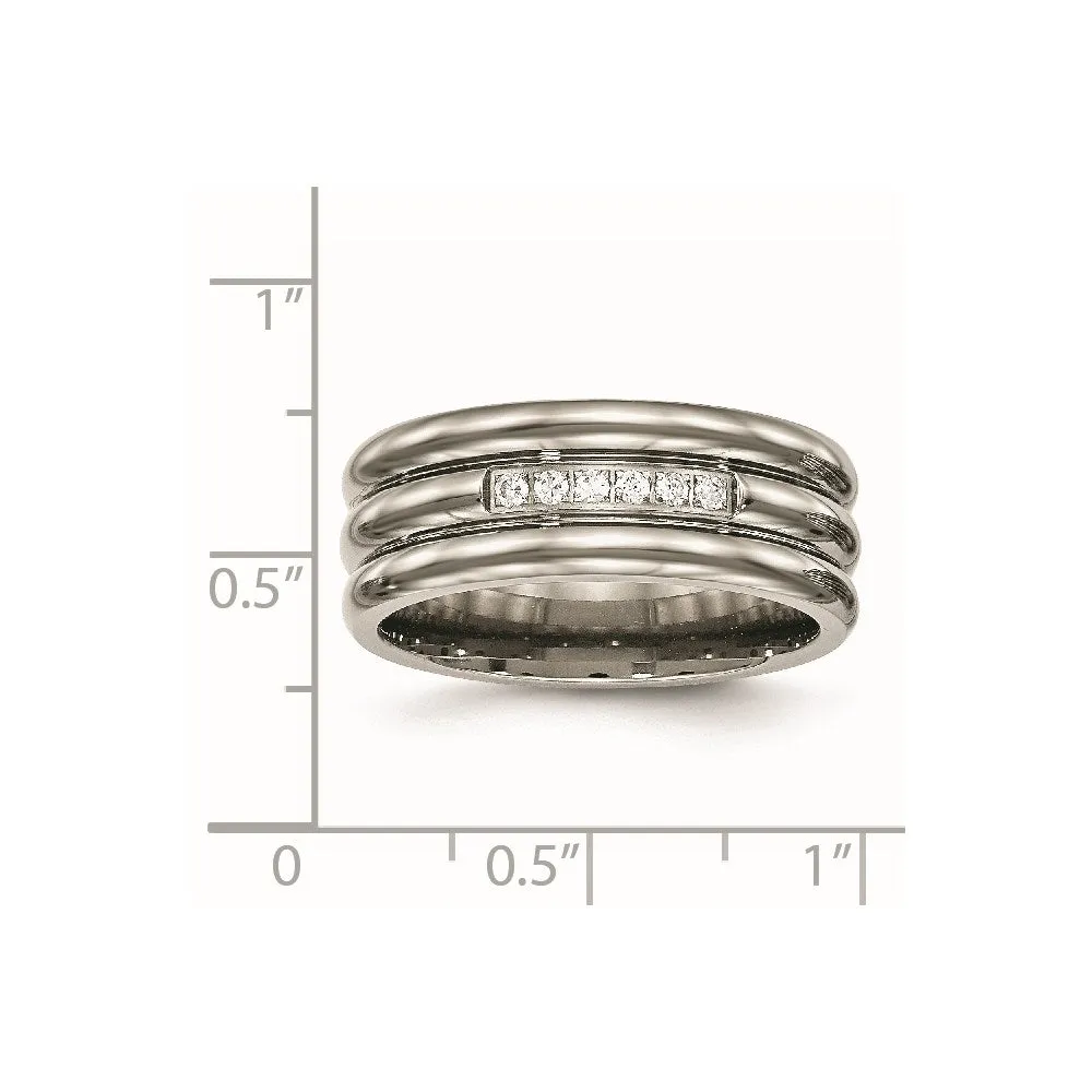 Chisel Jewelry Titanium Polished Grooved CZ Ring | TB481