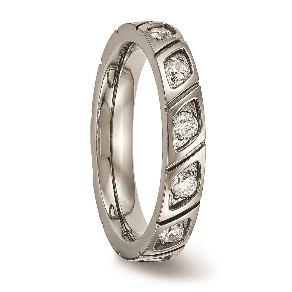 Chisel Jewelry Titanium Polished Grooved CZ Ring | TB483