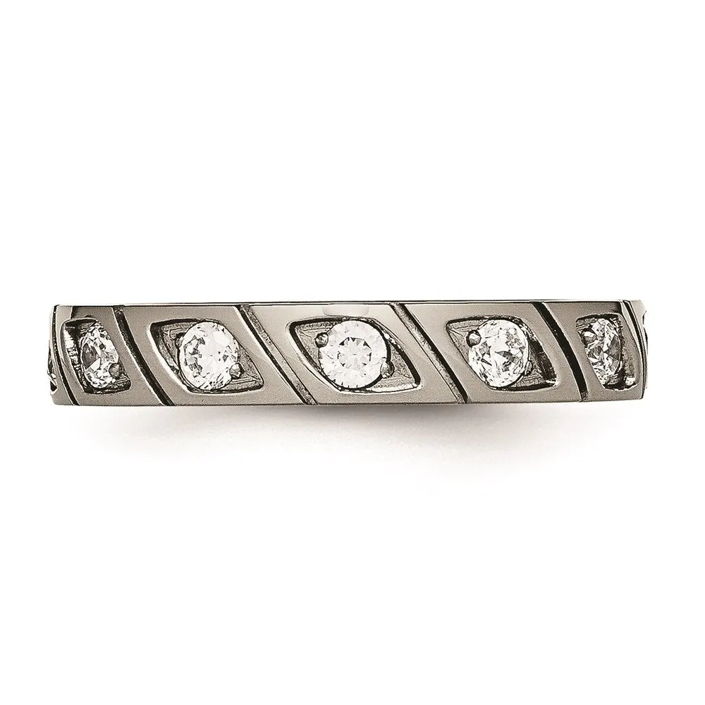 Chisel Jewelry Titanium Polished Grooved CZ Ring | TB483