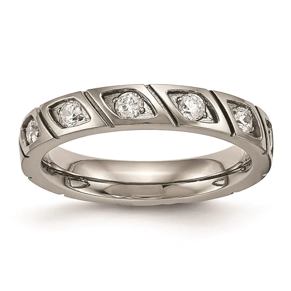 Chisel Jewelry Titanium Polished Grooved CZ Ring | TB483