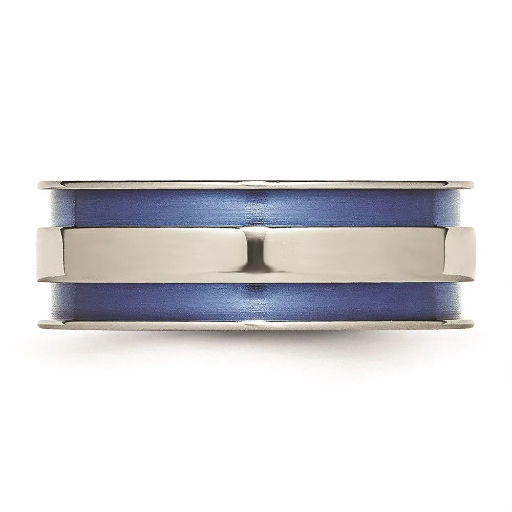 Chisel Jewelry Titanium with Blue Double Groove 8.5mm Polished Band | TB415