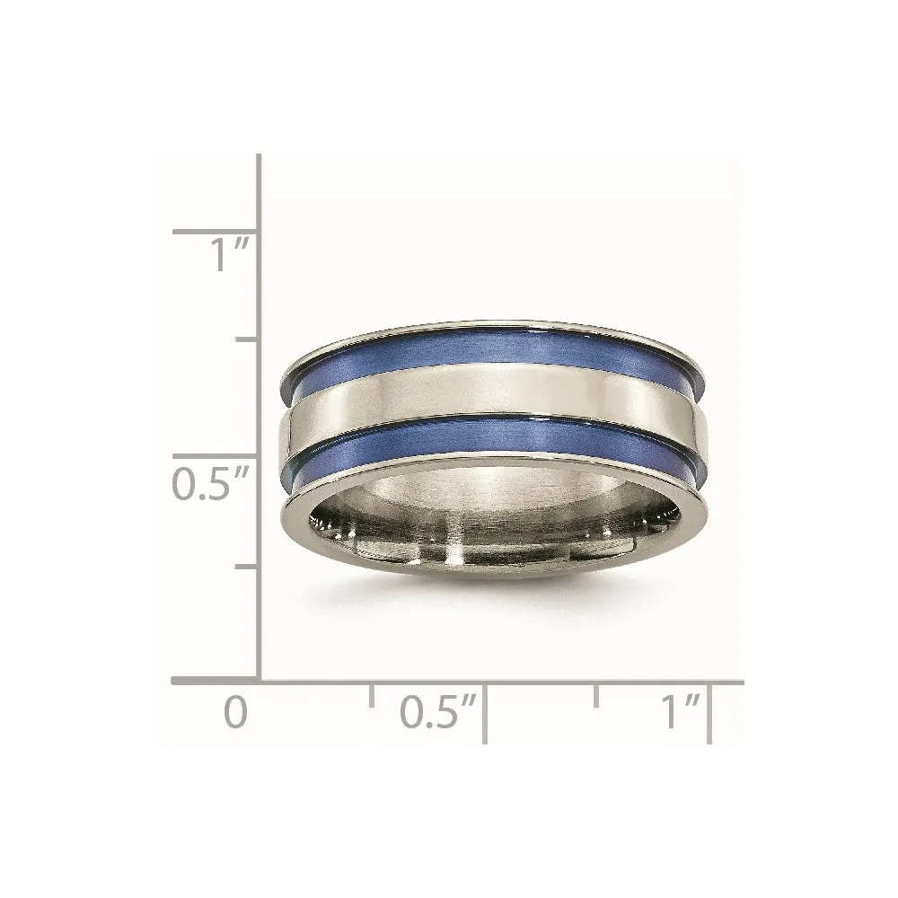 Chisel Jewelry Titanium with Blue Double Groove 8.5mm Polished Band | TB415