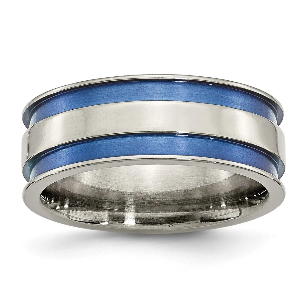Chisel Jewelry Titanium with Blue Double Groove 8.5mm Polished Band | TB415