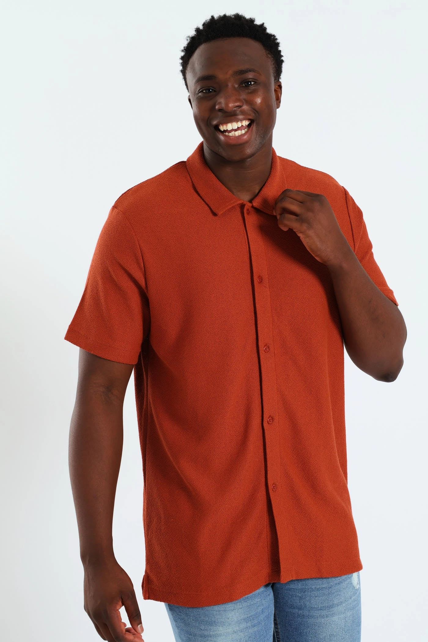 Chunky Crepe Knit Shirt - Rust Luxury fashion items Military - inspired fashion