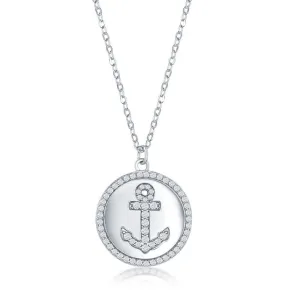 Classic Jewelry Sterling Silver Anchor Micro Pave Cubic Zirconia Disc Necklace