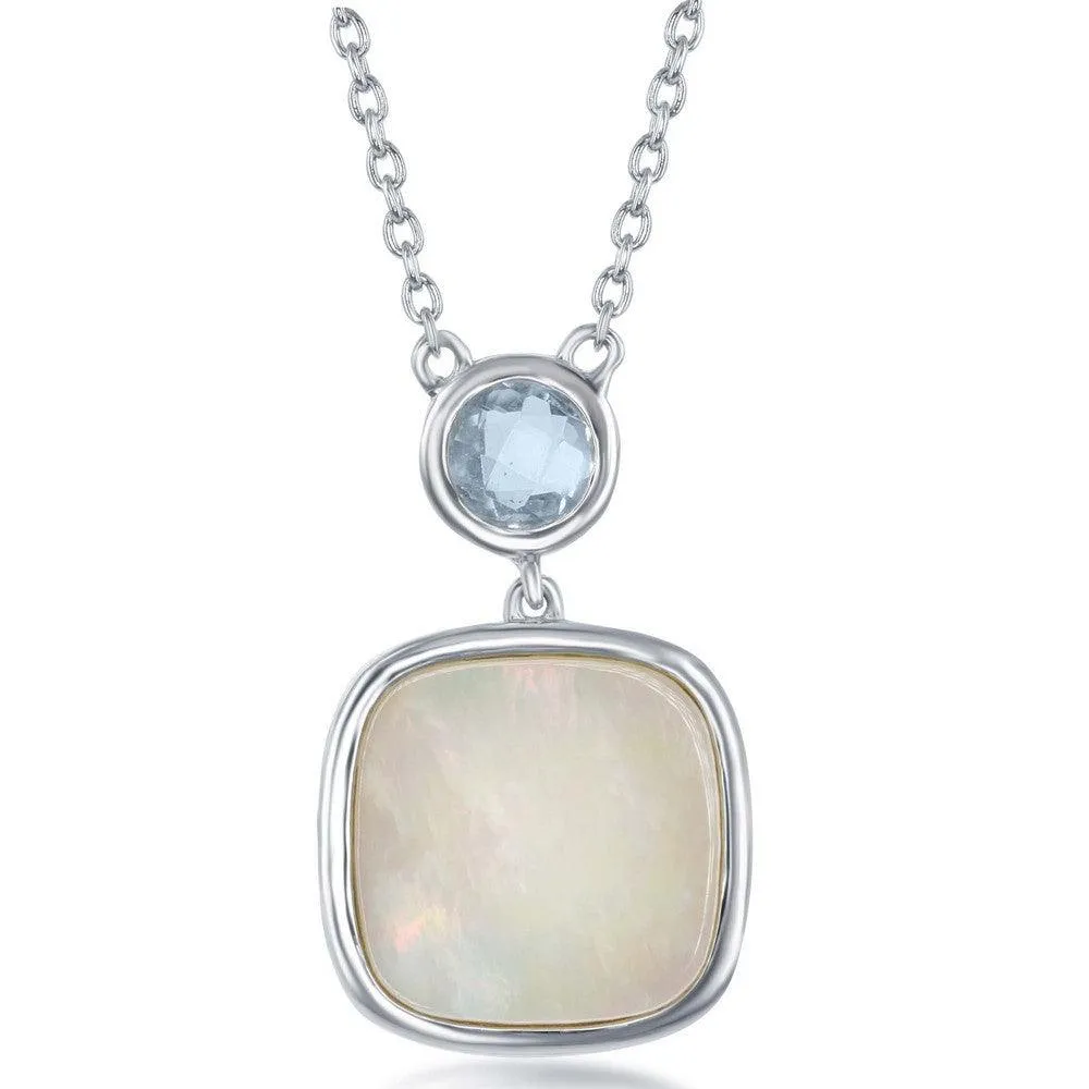 Classic Jewelry Sterling Silver Bezel Set Blue Topaz and Square MOP Necklace