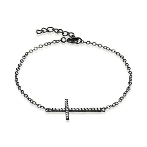 Classic Jewelry Sterling Silver Black Rhodium CZ Sideways Cross Bracelet, 7"