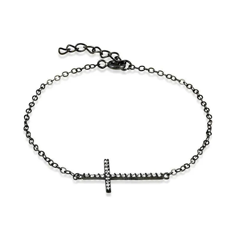 Classic Jewelry Sterling Silver Black Rhodium CZ Sideways Cross Bracelet, 7"