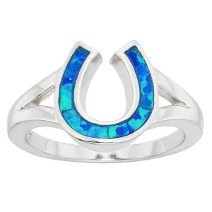 Classic Jewelry Sterling Silver Blue Inlay Opal Horseshoe Ring - W-9916