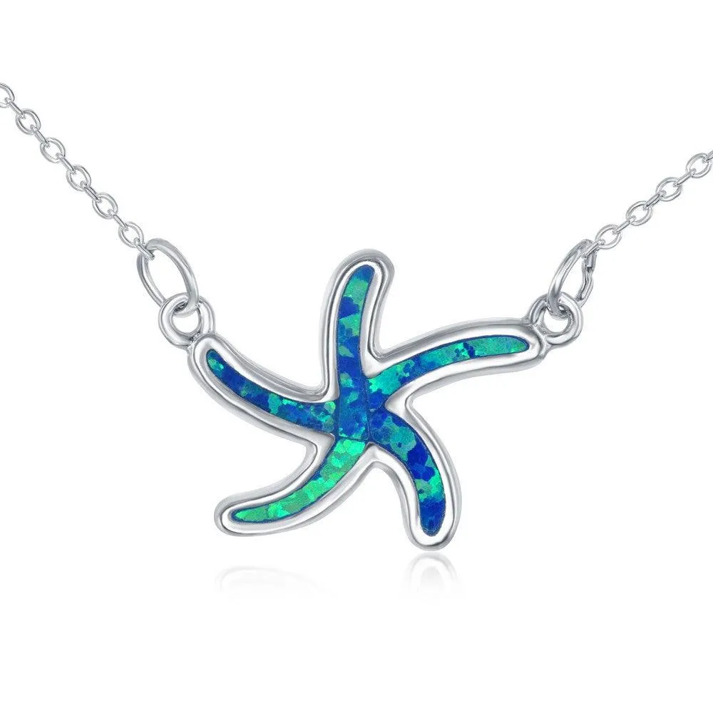 Classic Jewelry Sterling Silver Blue Inlay Opal Starfish Choker Necklace