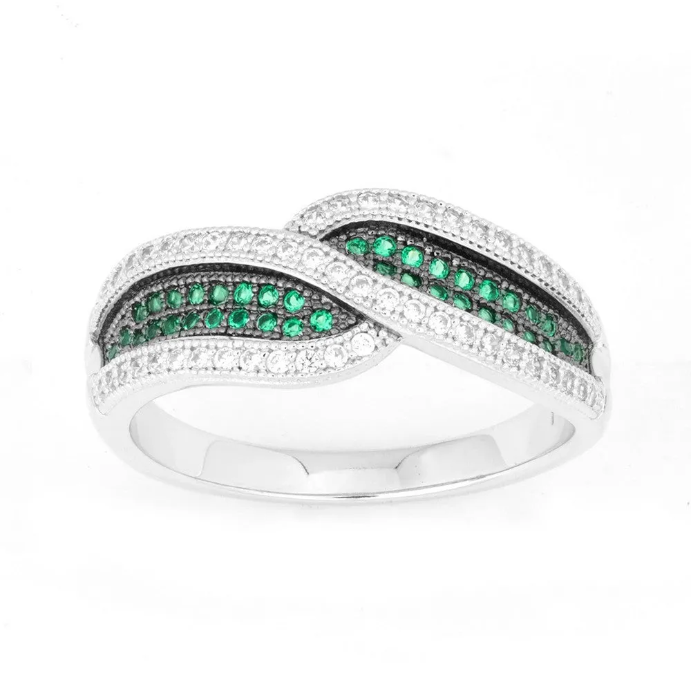 Classic Jewelry Sterling Silver Crossed Emerald and CZ Micro Pave Ring - W-9908