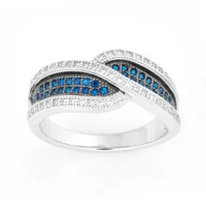 Classic Jewelry Sterling Silver Crossed Sapphire and White CZ Ring - W-9907