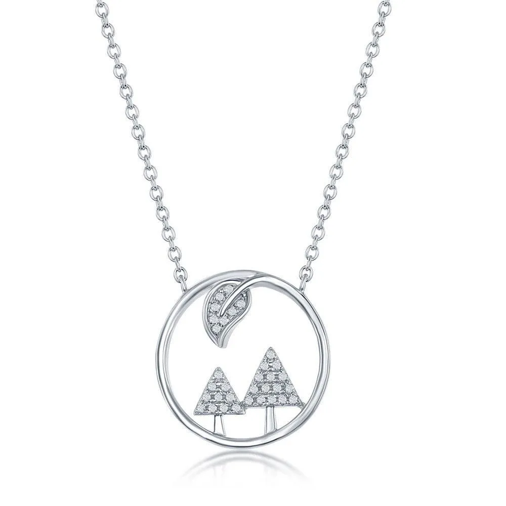 Classic Jewelry Sterling Silver Cubic Zirconia Trees and Leaf Round Necklace