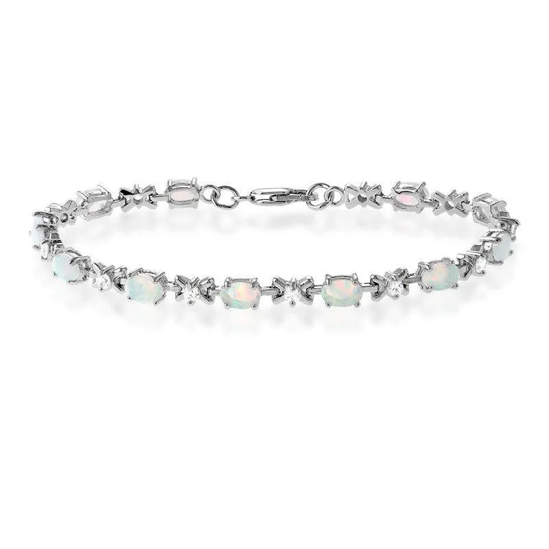 Classic Jewelry Sterling Silver CZ and Oval White Opal Stones Bracelet, 7"
