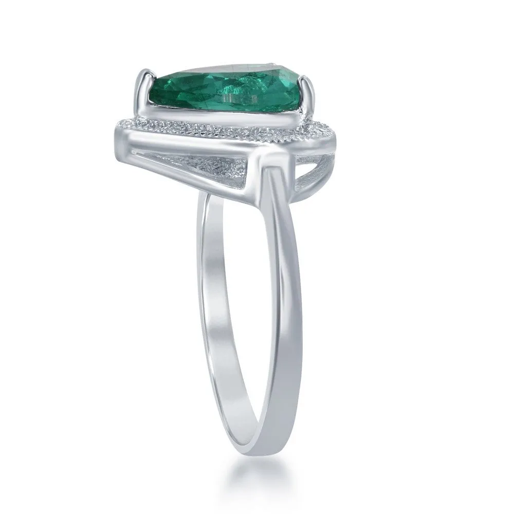 Classic Jewelry Sterling Silver CZ Border Teardrop Emerald Ring - W-1757