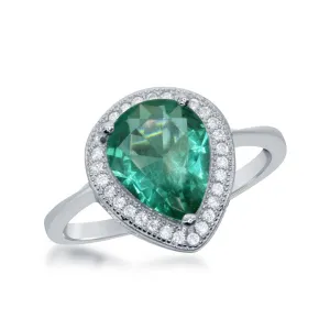 Classic Jewelry Sterling Silver CZ Border Teardrop Emerald Ring - W-1757